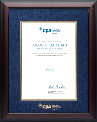 12x15 Satin mahogany frame with blue velvet and gold double mat board and embossed CPA logo for 8.5x11 CPA-ON Public Accountant License to practice
